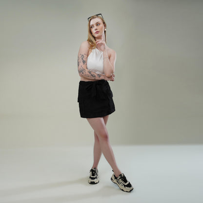 Black Dori Embroidered Cotton Flex Skirt with Utility Pockets & Waist Tie