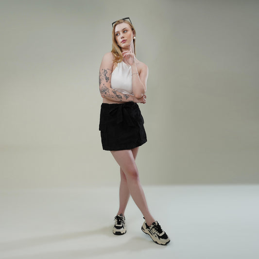 Black Dori Embroidered Cotton Flex Skirt with Utility Pockets & Waist Tie