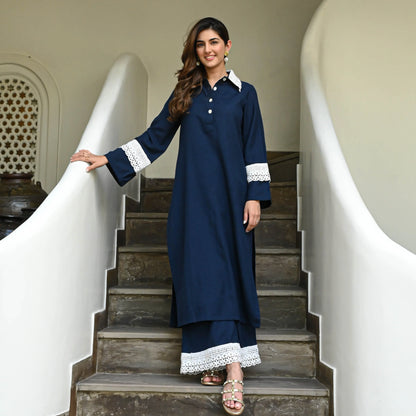 Nayra Navy Cotton Flex Co-ord Set with Lace Collar & Cuff