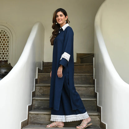 Nayra Navy Cotton Flex Co-ord Set with Lace Collar & Cuff