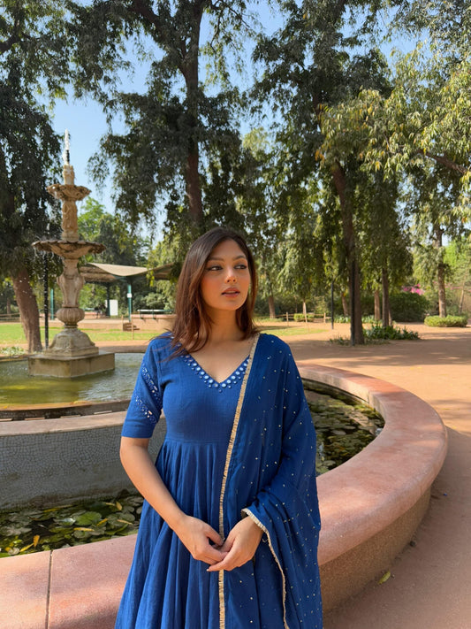 Royal Blue Mirror & Bead Handworked Kurta Pant Dupatta Set