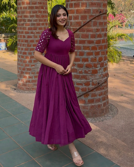 Naaz Deep Magenta Anarkali Kurta Pant Set with Mirror Work