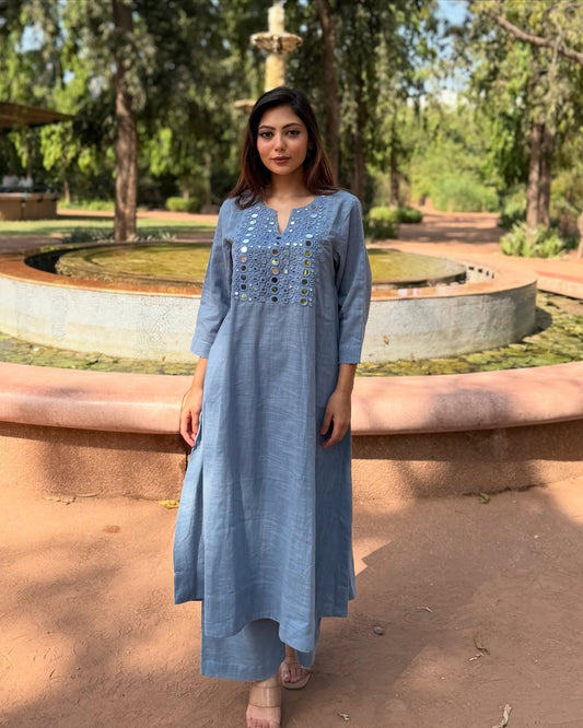 Mirror Bloom Handwoven Kurta Pant Set with Mirror Work
