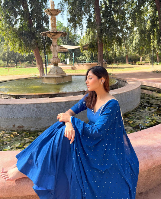 Royal Blue Mirror & Bead Handworked Kurta Pant Dupatta Set