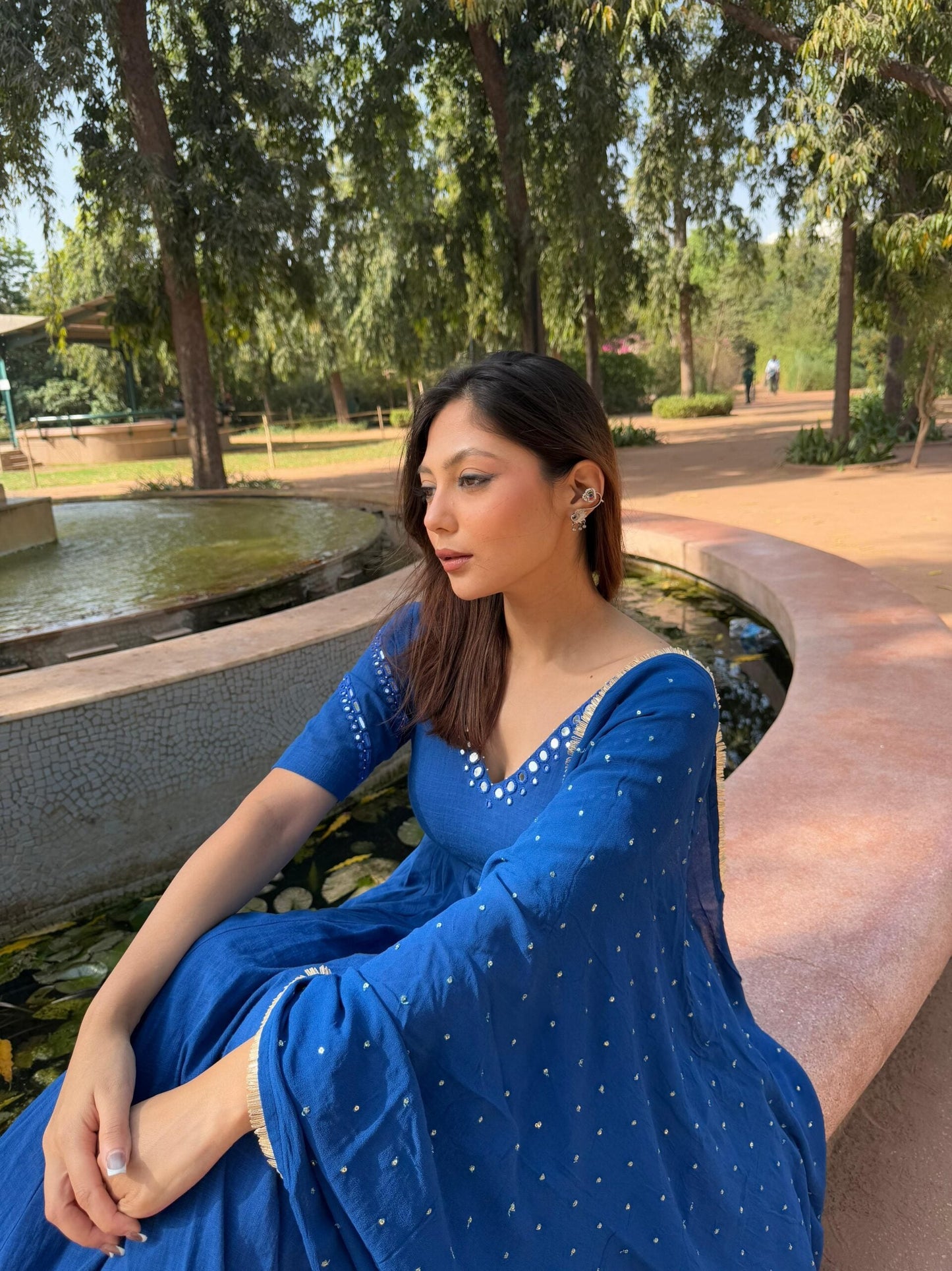 Royal Blue Mirror & Bead Handworked Kurta Pant Dupatta Set