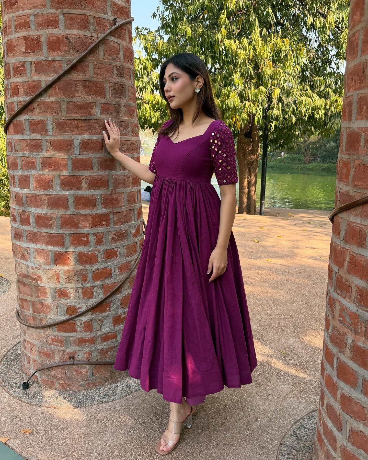 Naaz Deep Magenta Anarkali Kurta Pant Set with Mirror Work